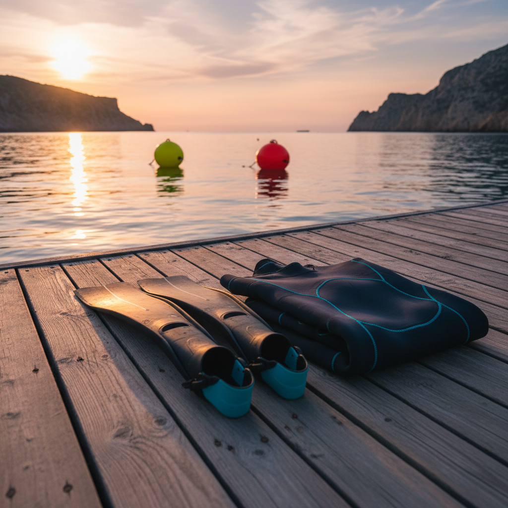 An evening coastal scene shows a set of freediving buoys anchored in a calm bay, their bright yellow and red surfaces reflecting softly on the glassy water. In the foreground, a simple wooden dock holds a pair of long-blade freediving fins and a neatly folded 3mm wetsuit in dark navy with subtle turquoise seams. Warm golden-hour light washes across the scene, tinting the sky in pastel oranges and purples while casting long, gentle shadows on the dock planks. Photographic realism from a low angle near the dock’s surface creates depth, leading the eye toward the distant buoys. The mood is peaceful, reflective, and slightly anticipatory, capturing the quiet professionalism of end-of-day training.