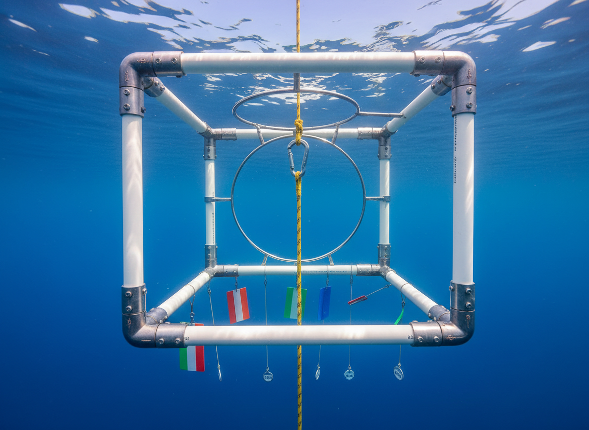 An underwater training platform made of white, slightly textured PVC and stainless steel hardware hangs suspended in clear blue tropical water, anchored by a central dive line. A set of color-coded tags and depth markers floats gently beneath the platform, swaying almost imperceptibly. Sunbeams penetrate from above, creating dappled light patterns on the platform’s surface and a luminous, professional ambiance. The distant background fades into a soft blue gradient, with no visible seafloor for added sense of depth. Photographic realism from a slightly low, upward-looking angle frames the platform against the bright surface, conveying safety, structure, and the calm focus of coached freediving sessions in open water.