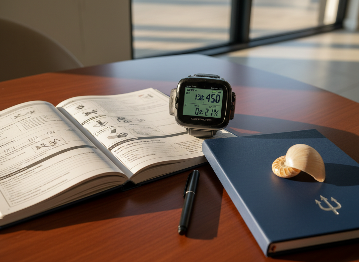 A close-up, photographic-realistic image of a professional freediving training logbook lies open on a smooth, dark wooden table in an airy dive center office. The pages show neatly printed depth charts, equalization notes, and safety checklists, with a matte-finish navy-blue cover partially visible. Next to it rests a modern dive computer with a crisp digital display, a slim black pen, and a small, polished shell used as a paperweight. Warm afternoon sunlight enters through an unseen window, casting soft highlights across the table and gentle shadows from the objects. Shot from a slightly elevated, three-quarter angle with sharp focus throughout, the mood is organized, educational, and reassuring, emphasizing structured coaching and continuous improvement.