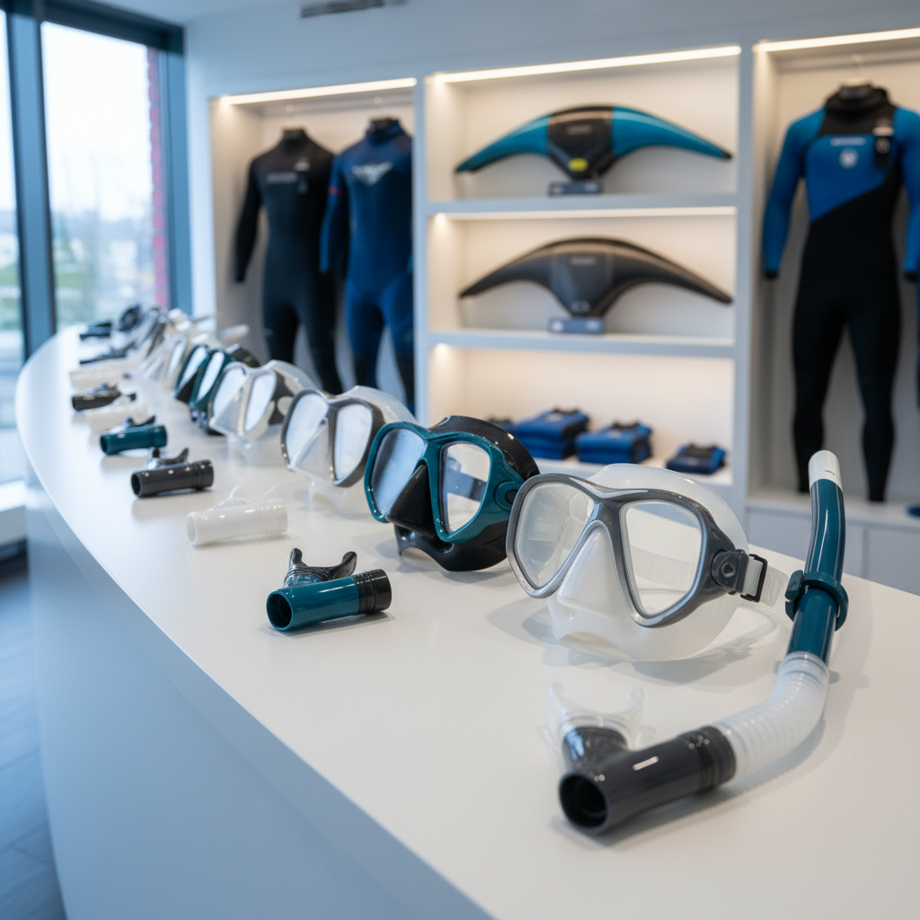 A row of high-end freediving masks and snorkels in coordinated shades of teal, charcoal, and white is displayed on a clean, matte-white counter inside a modern dive center. Each mask has low-volume tempered glass and soft silicone skirts, arranged in a subtle curve that leads the eye into the image. Behind them, neatly folded wetsuits and monofins are softly blurred on backlit shelving. Cool, diffused indoor lighting combined with natural light from a nearby window creates gentle reflections on the glass and maintains a professional, clinical clarity. Photographic realism with an eye-level perspective and shallow depth of field emphasizes premium equipment and an organized, welcoming facility that feels accessible to beginners and advanced freedivers alike.