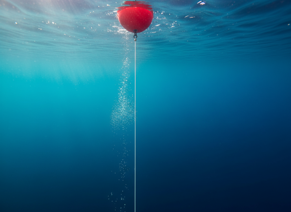 A minimalist underwater shot captures a pristine white dive line descending into deep blue water, attached to a bright-red competition-style buoy floating at the sunlit surface above. The water is exceptionally clear, with faint sun rays streaming diagonally down, creating a gradient from light turquoise near the surface to rich navy in the depths. No marine life, only the line, buoy underside, and subtle bubbles traveling upward. Photographic realism with a vertical composition, framed using the rule of thirds, emphasizes depth and focus on the training line. The mood is calm, focused, and meditative, representing disciplined freediving practice in a controlled, professional environment.