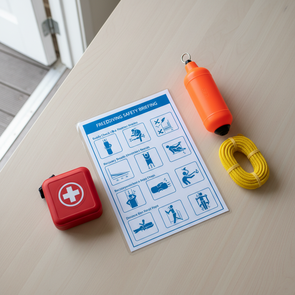 A top-down, photographic-realistic view of a laminated freediving safety briefing sheet spread out on a light-wood table beside a bright-orange surface marker buoy, a coiled floating rope, and a compact waterproof first-aid kit. The safety sheet displays clearly printed icons and depth diagrams, edges slightly worn from frequent use. Soft overcast daylight from a nearby open doorway creates even, shadow-free illumination that keeps all text and symbols easily visible. The composition is neat and balanced, with items arranged in a subtle diagonal across the frame. The mood is reassuring, methodical, and professional, underscoring the importance of structured safety protocols in all coaching sessions.